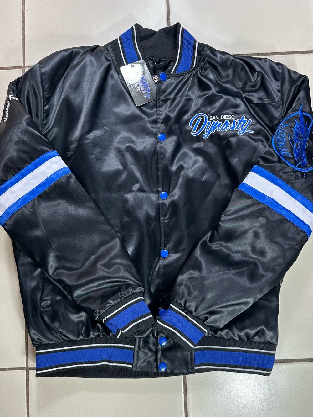 San Diego Dynasty Men’s Black and Blue Satin Bomber Jacket
